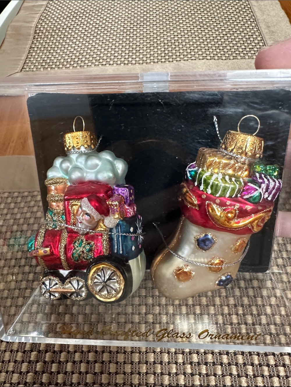 Unique Treasures mini glass Christmas ornaments with case. Stocking/train